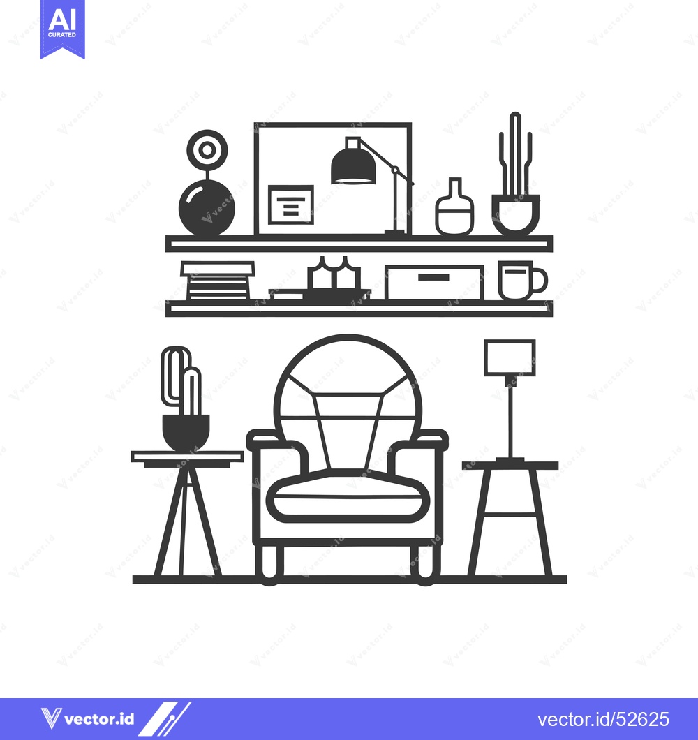 Premium Vector dari Line Art Illustration of a Living Room with an Armchair and Shelves