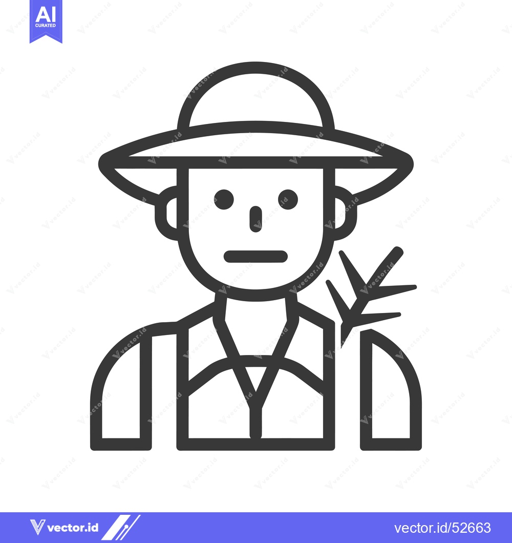 Premium Vector of Line Art Illustration of a Male Farmer with a Hat and Holding a Branch