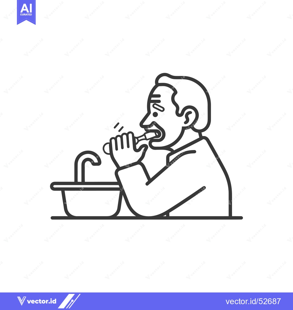 Premium Vector dari Line art illustration of a man brushing his teeth in front of a sink