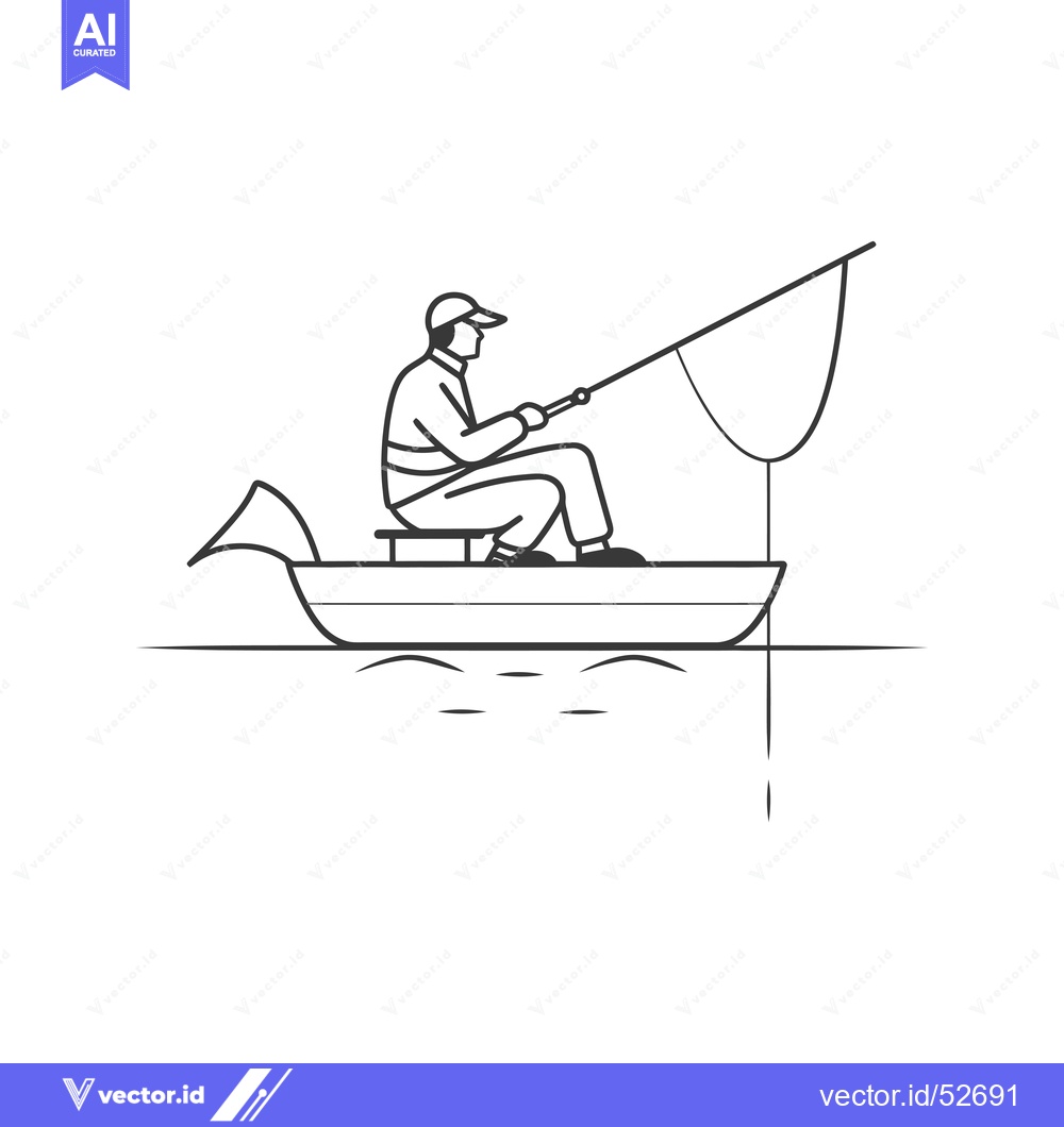 Premium Vector of Line Art Illustration of a Man Fishing from a Boat