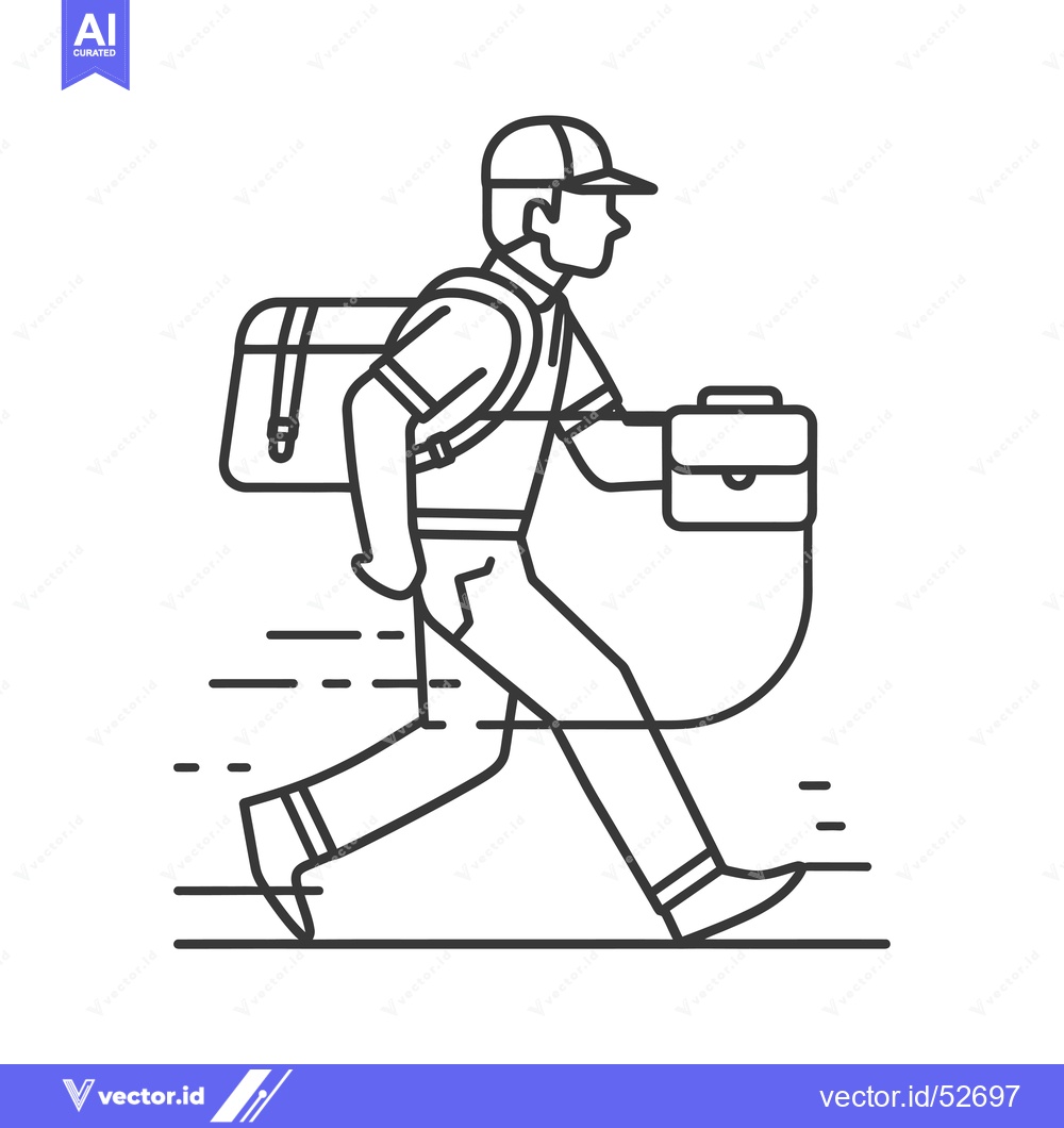 Premium Vector dari Line art illustration of a man in a cap carrying a briefcase and backp