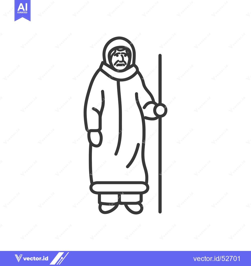 Premium Vector dari Line Art Illustration of a Man in a Hooded Winter Coat Holding a Stick