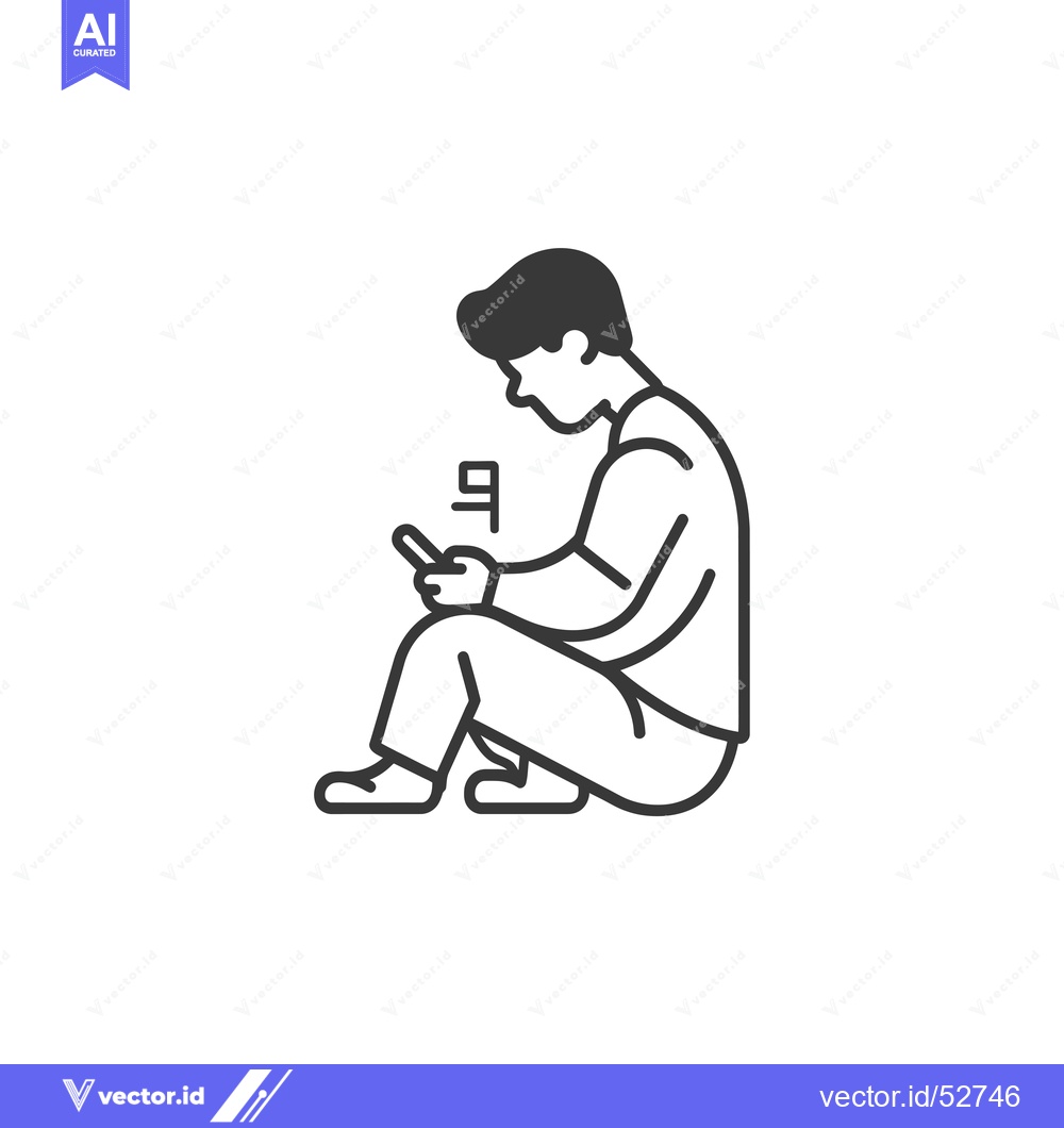 Premium Vector of Line Art Illustration of a Man Sitting and Looking at His Phone