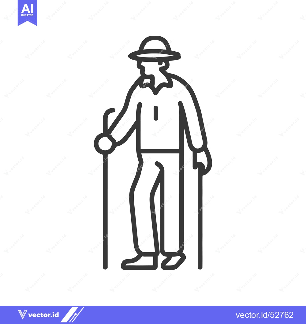 Premium Vector dari Line art illustration of a man wearing a hat and holding a walking sti
