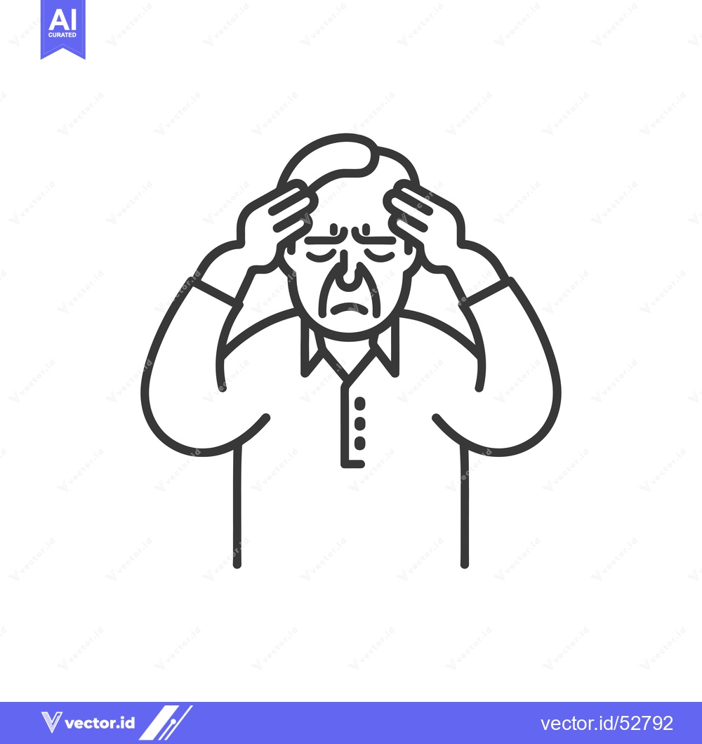 Premium Vector of Line art illustration of a man with a headache, holding his head