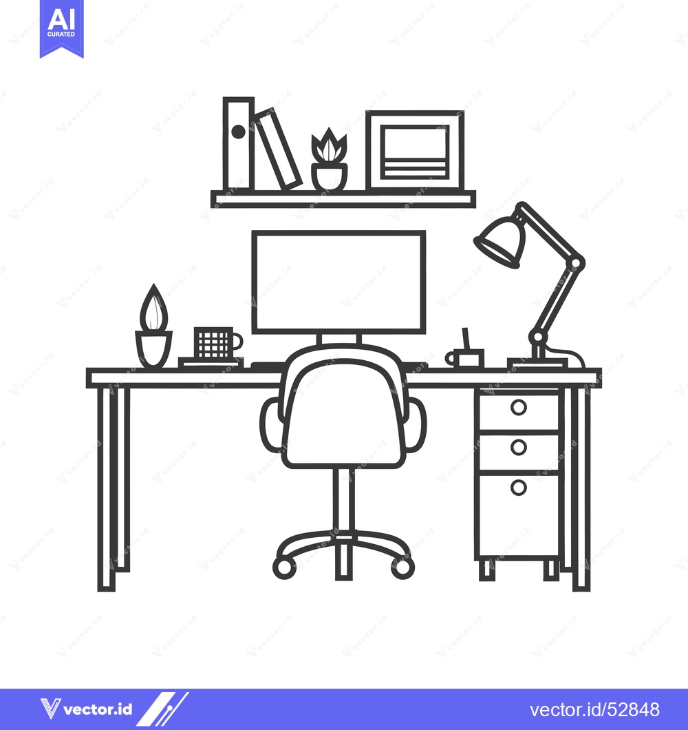 Premium Vector dari Line art illustration of a modern office desk setup