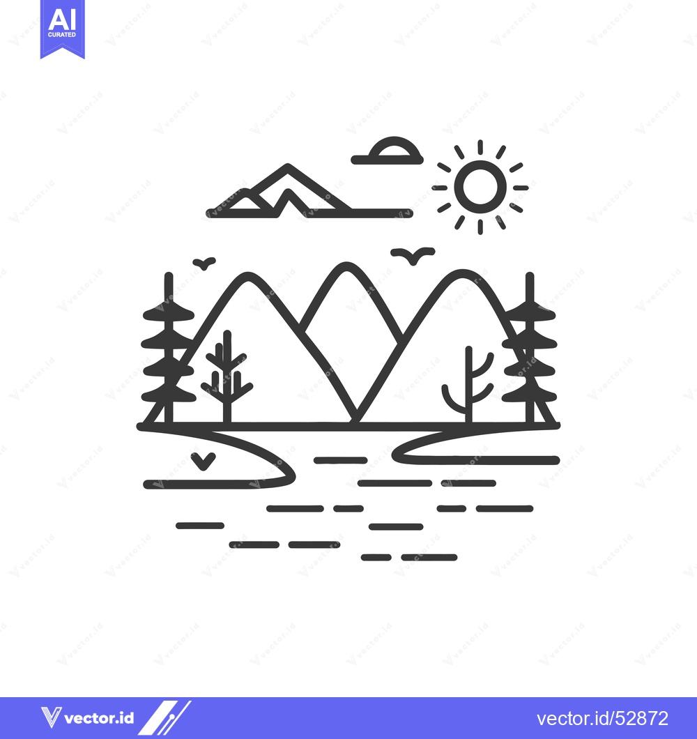 Premium Vector dari Line Art Illustration of a Mountain Landscape with a River and Sun
