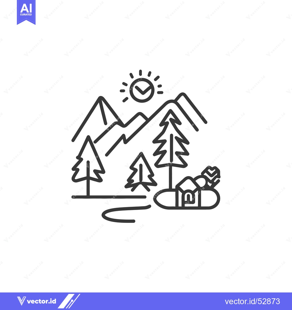 Premium Vector dari Line Art Illustration of a Mountain Landscape with a Sun and a House