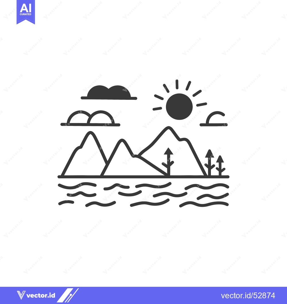 Premium Vector dari Line art illustration of a mountain landscape with a sun, clouds, and
