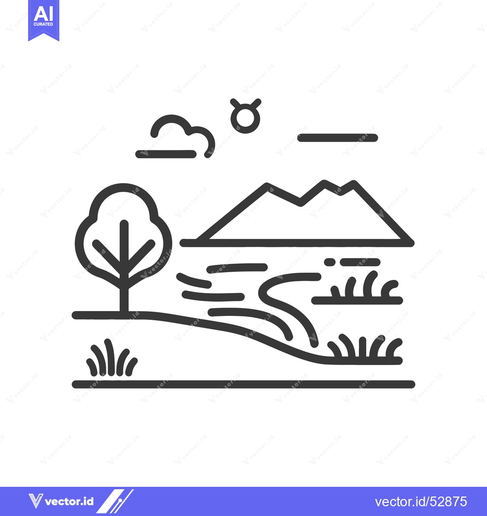 Premium Vector of Line Art Illustration of a Mountain Landscape with a Tree, River, and