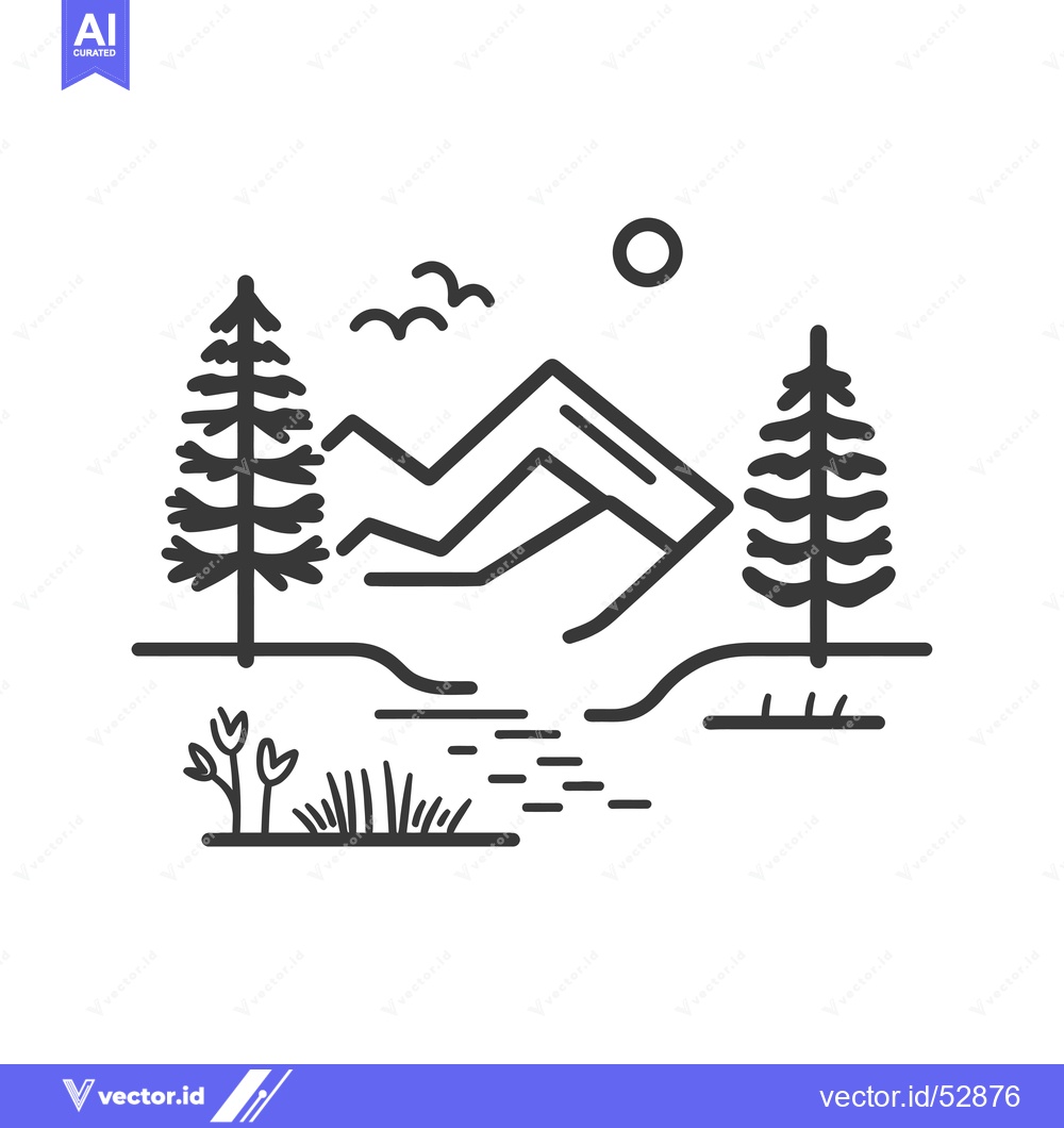 Premium Vector of Line Art Illustration of a Mountain Landscape with Trees, Birds, and a