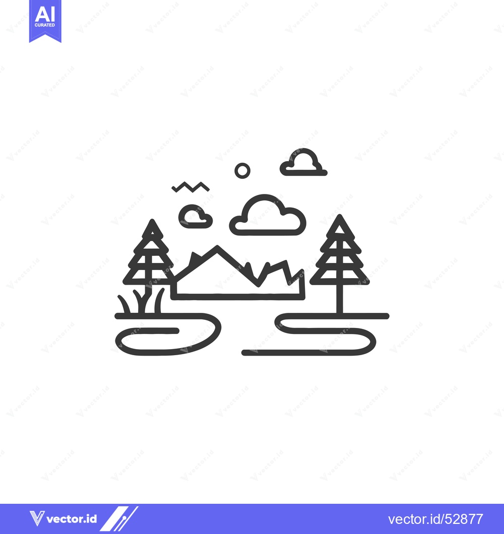 Premium Vector of Line Art Illustration of a Mountain Landscape with Trees, Clouds, and