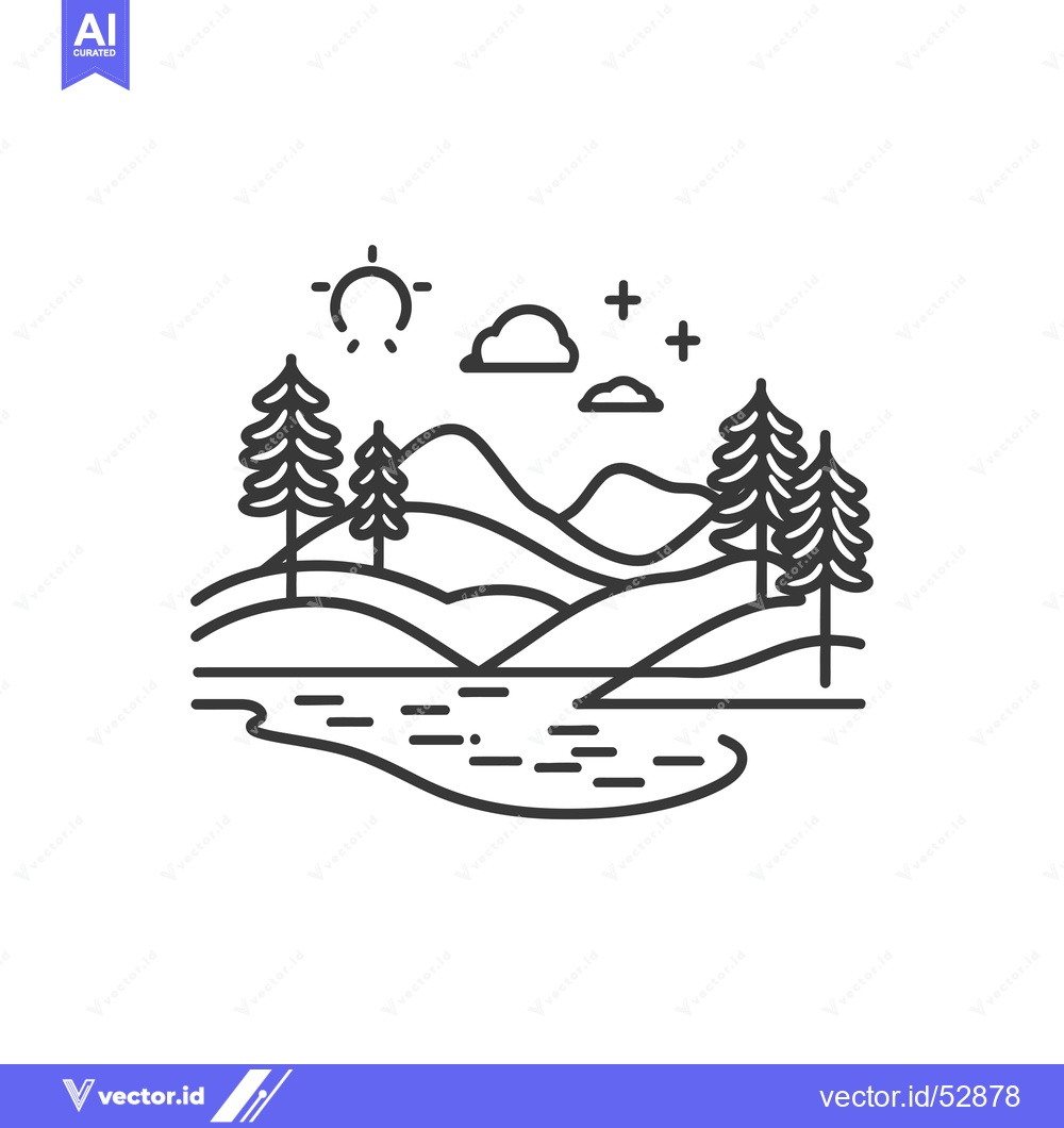 Premium Vector dari Line Art Illustration of a Mountain Landscape with Trees, Sun, Clouds,