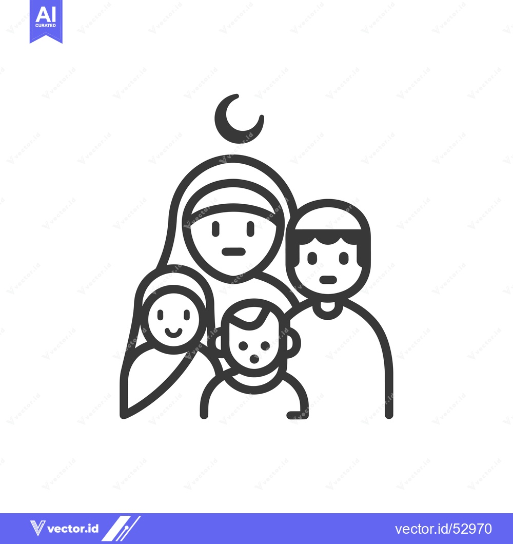 Premium Vector dari Line Art Illustration of a Muslim Family with a Crescent Moon