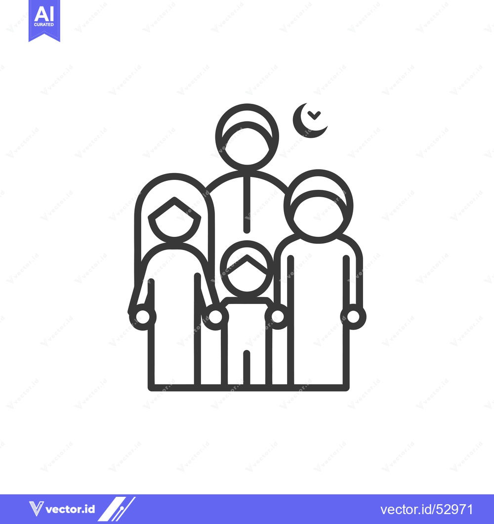 Premium Vector of Line Art Illustration of a Muslim Family with Crescent Moon