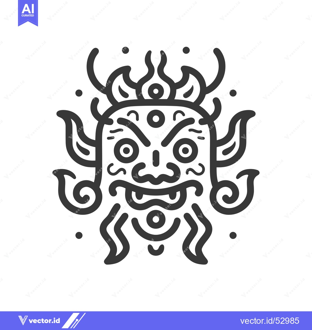 Premium Vector of Line Art Illustration of a Mythical Demon Face with Ornate Details
