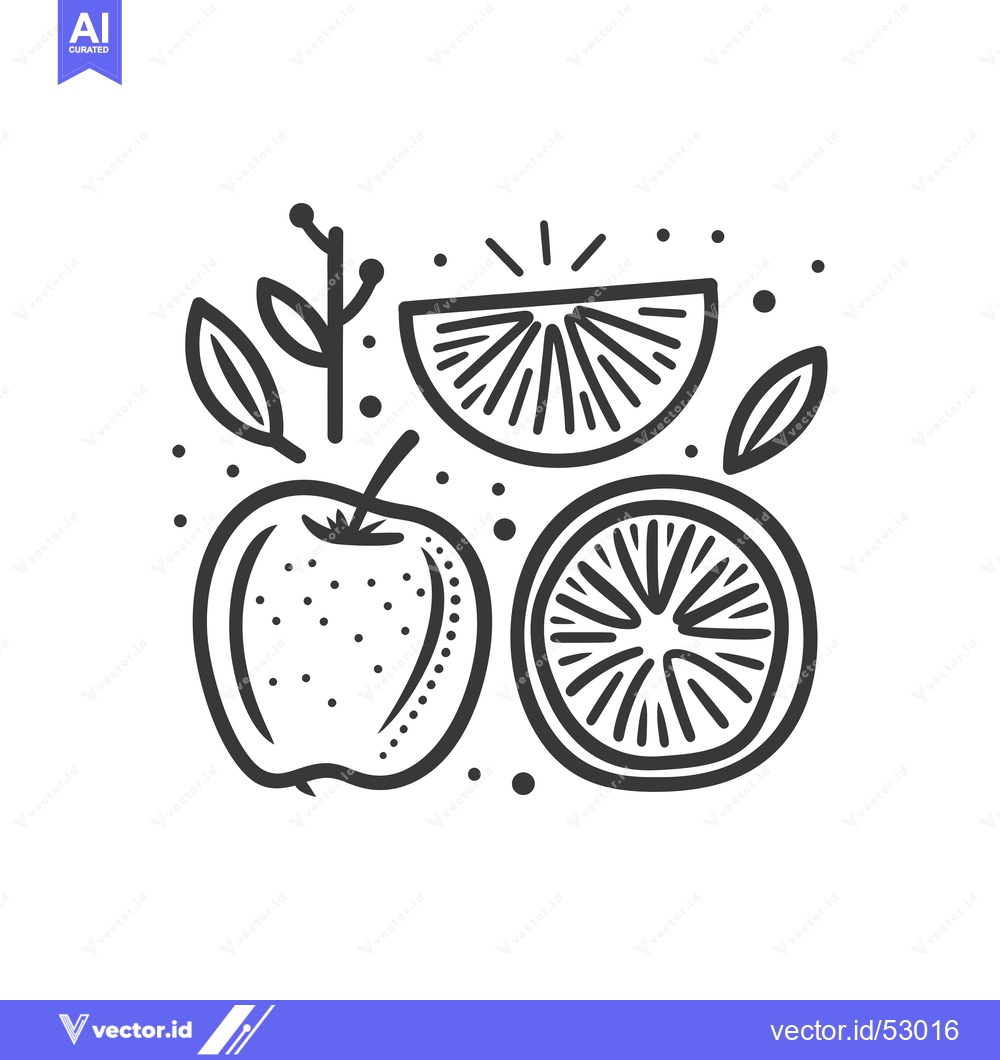 Premium Vector dari Line Art Illustration of an Apple and Two Slices of Orange with Leaves