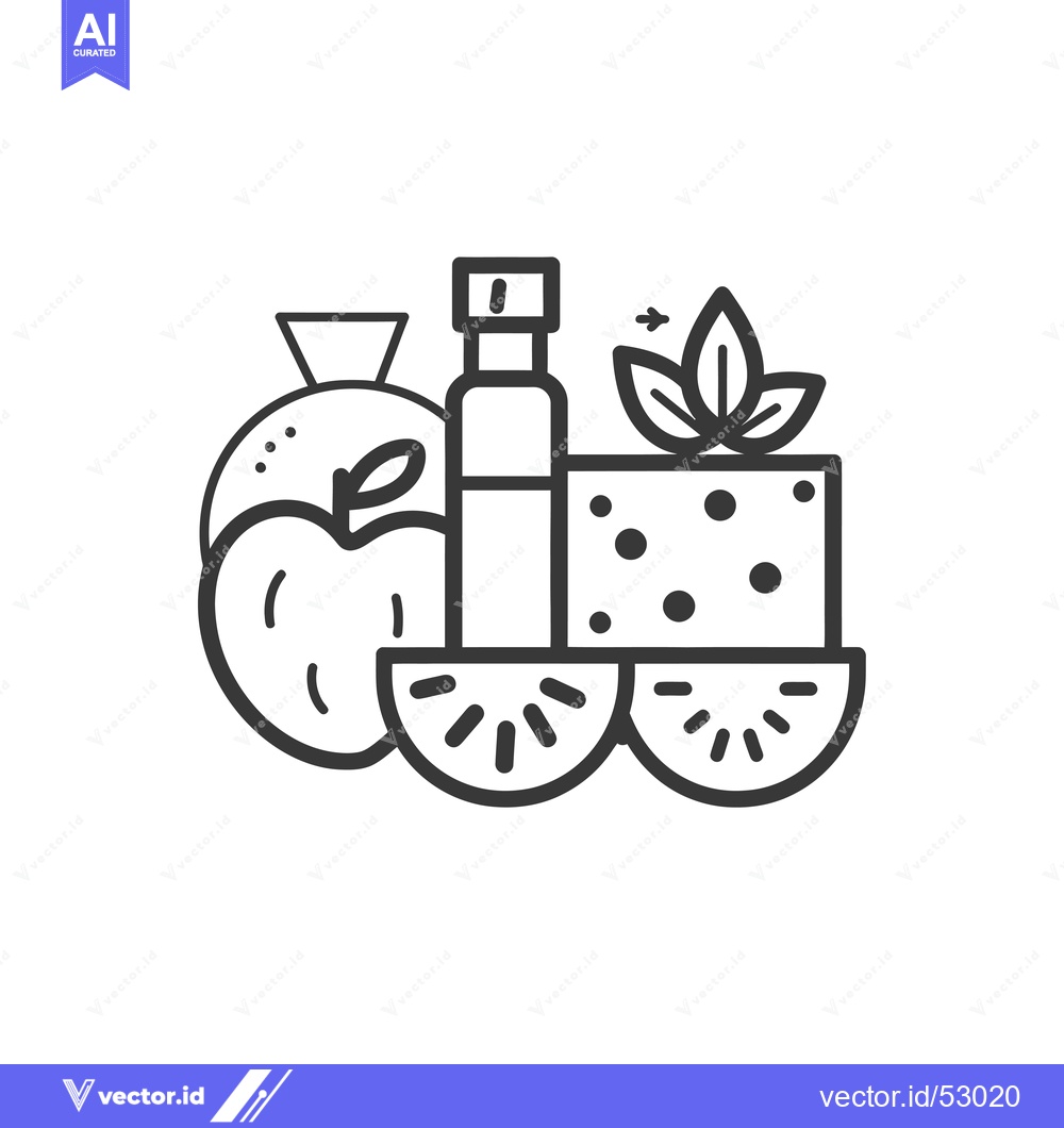Premium Vector of Line Art Illustration of an Apple, Kiwi, and a Bottle with Leaves