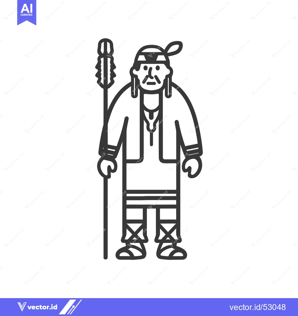 Premium Vector of Line Art Illustration of a Native American Man Holding a Spear