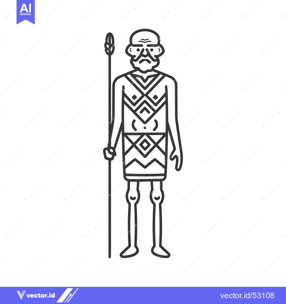 Premium Vector of Line Art Illustration of an Elderly Man with a Spear
