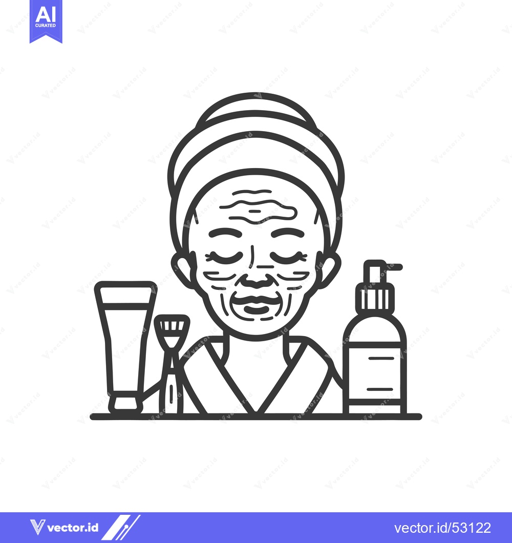 Premium Vector dari Line Art Illustration of an Elderly Woman with Wrinkles Using Skincare
