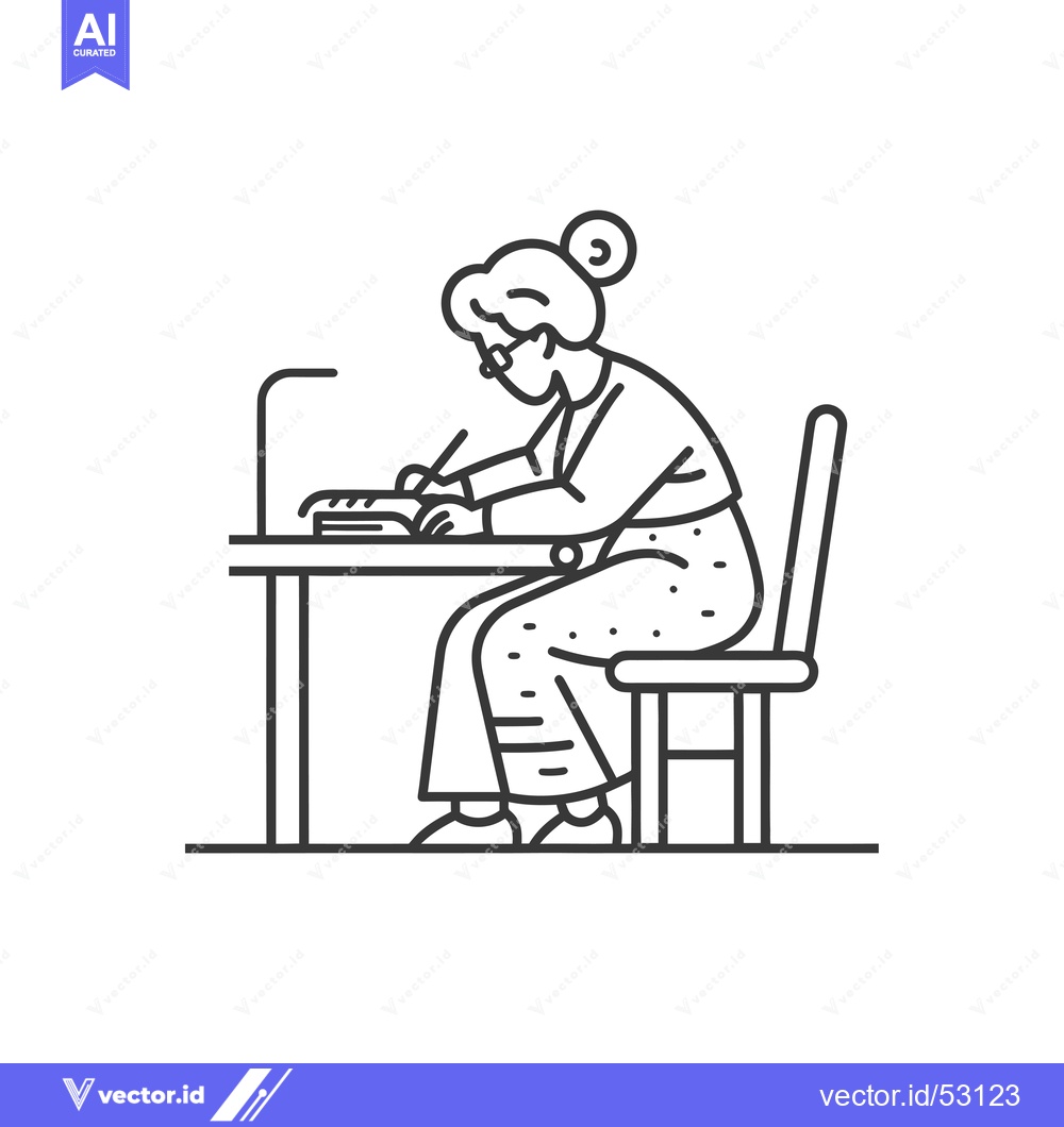 Premium Vector dari Line art illustration of an elderly woman writing at a desk