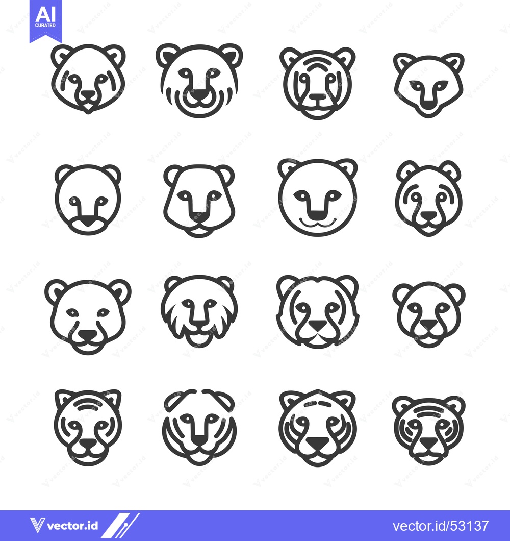 Premium Vector of Line Art Illustration of Animal Faces - Cheetah, Tiger, and Bear