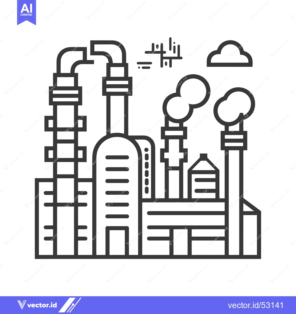 Premium Vector of Line Art Illustration of an Industrial Factory with Smoke Stacks