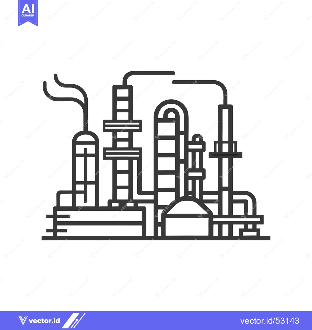 Premium Vector of Line Art Illustration of an Industrial Refinery with Smoke Stacks