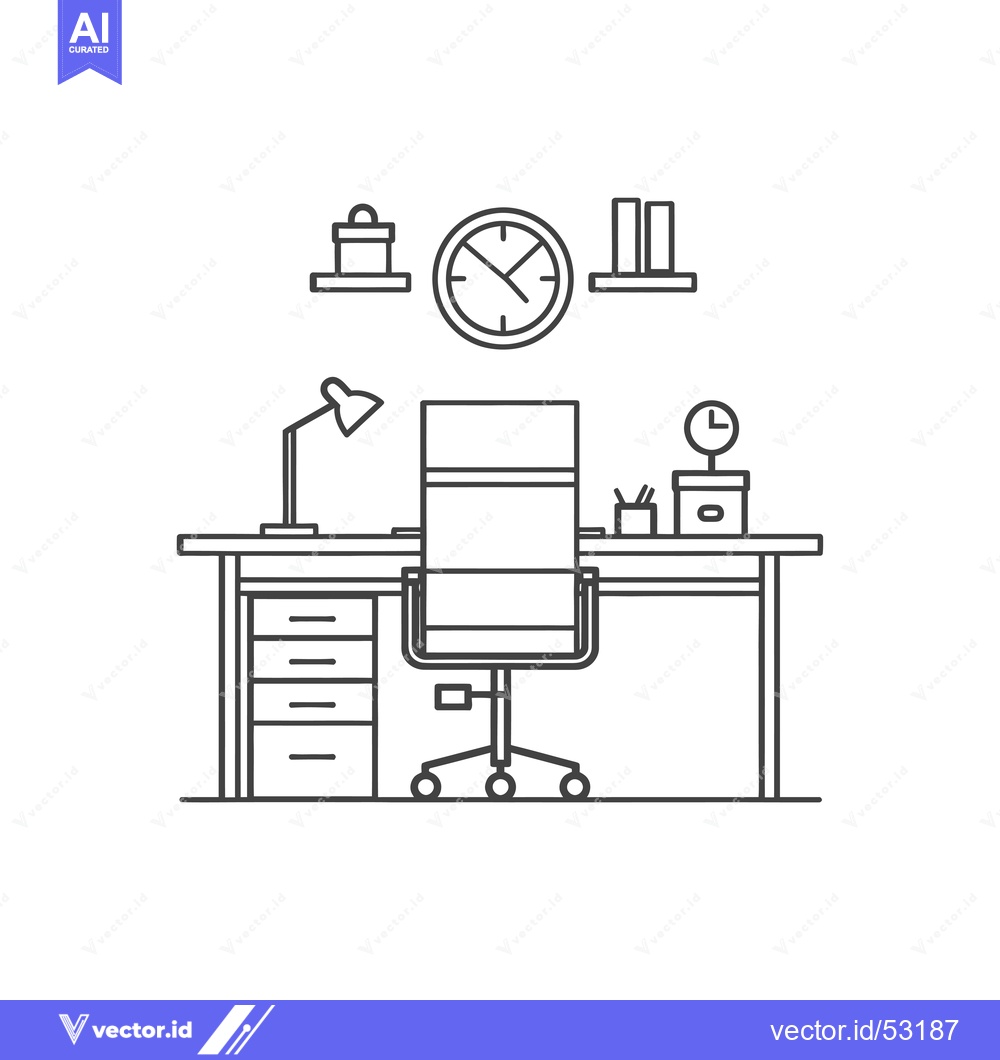 Premium Vector dari Line Art Illustration of an Office Desk with Chair and Accessories
