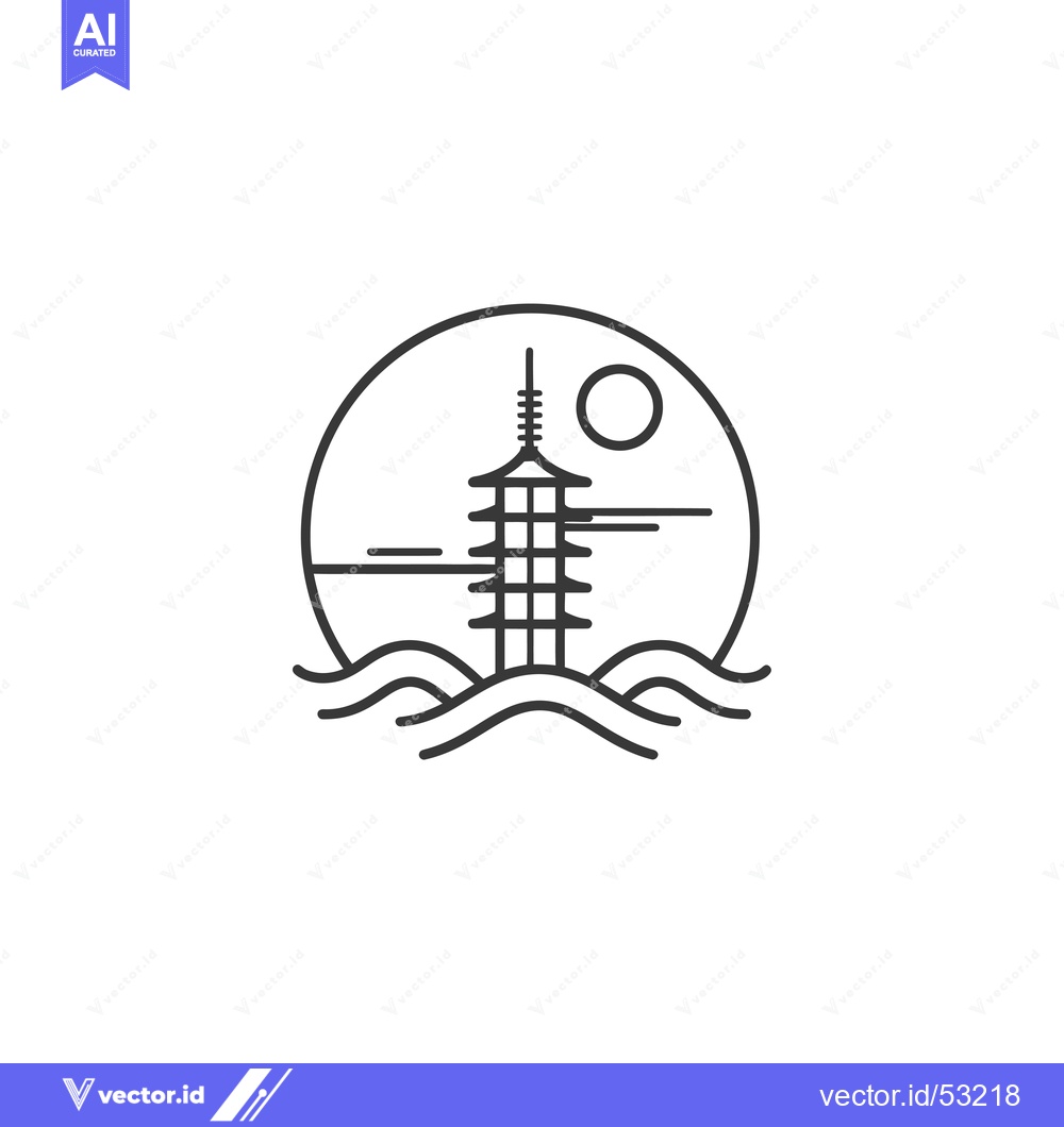 Premium Vector of Line Art Illustration of a Pagoda in the Sea