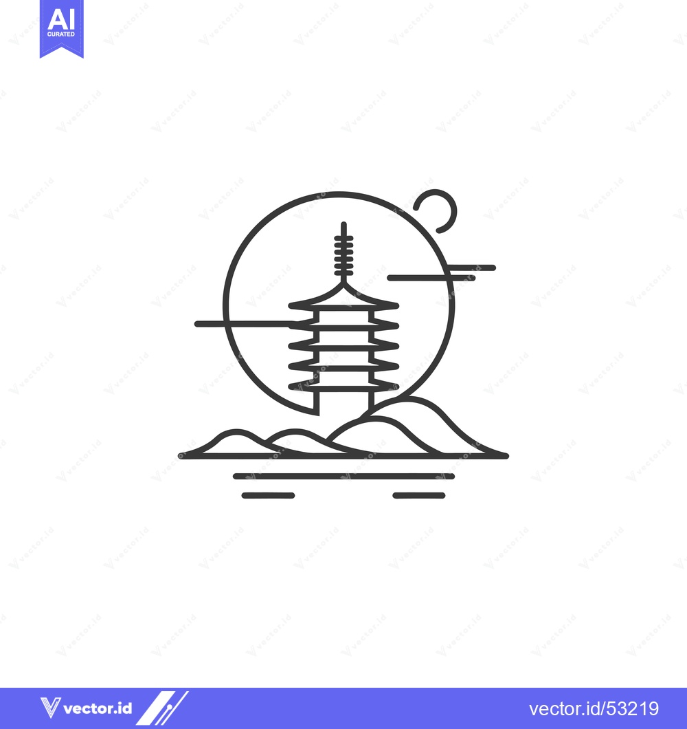 Premium Vector dari Line Art Illustration of a Pagoda with a Moon and Mountains