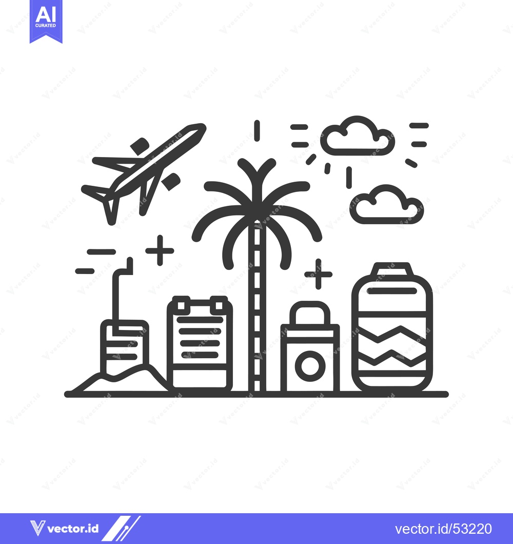 Premium Vector dari Line art illustration of a palm tree with travel icons