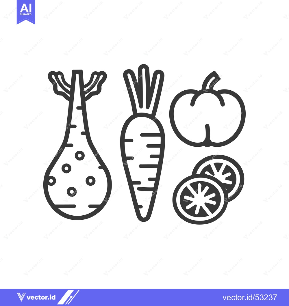 Premium Vector of Line Art Illustration of a Parsnip, Carrot, Tomato, and Two Slices of