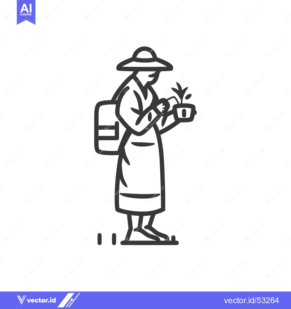 Premium Vector of Line art illustration of a person carrying a plant and a backpack
