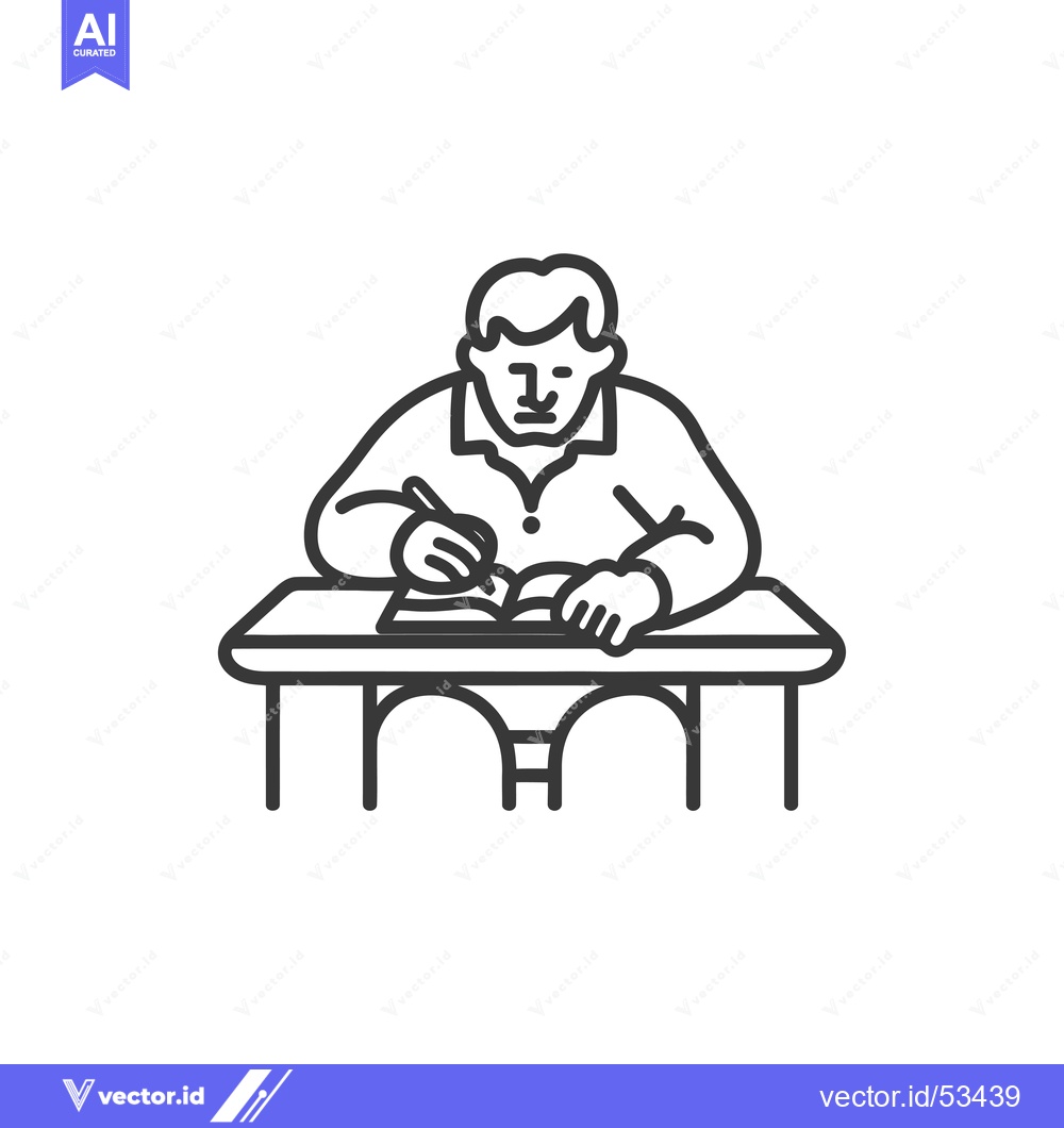 Premium Vector dari Line art illustration of a person sitting at a desk writing in a noteb