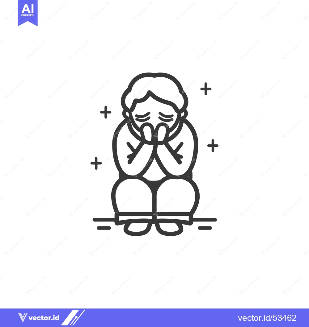 Premium Vector of Line Art Illustration of a Person Sitting with Their Head Down and Han