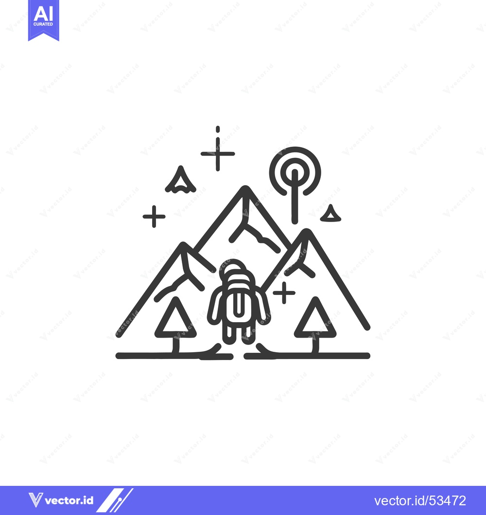 Premium Vector dari Line art illustration of a person standing between mountains, with tre