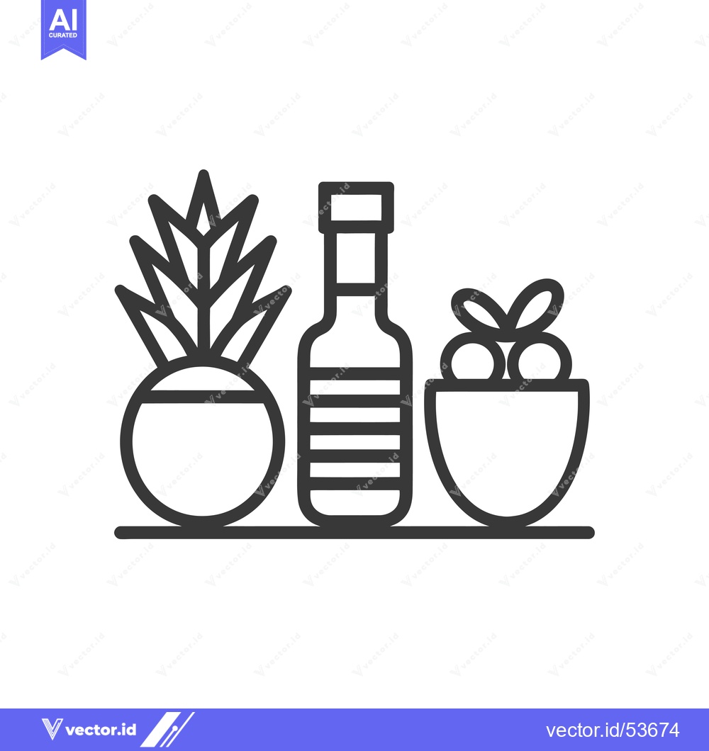 Premium Vector dari Line Art Illustration of a Pineapple, Bottle, and Bowl of Fruit