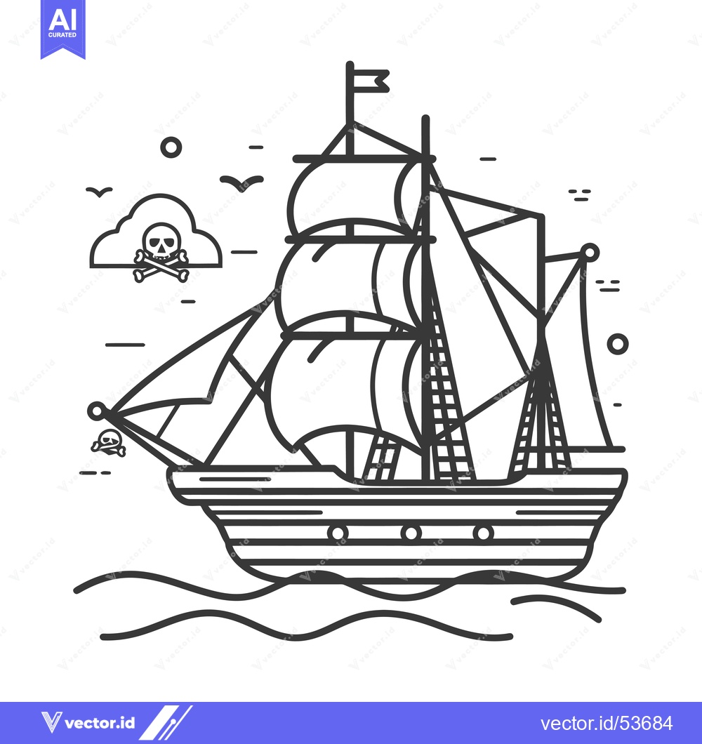 Premium Vector dari Line Art Illustration of a Pirate Ship Sailing on the Sea