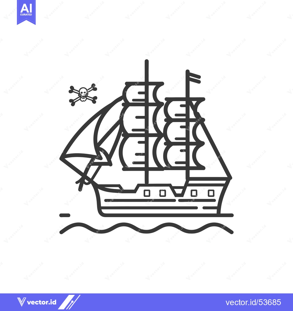 Premium Vector of Line art illustration of a pirate ship with a skull and crossbones