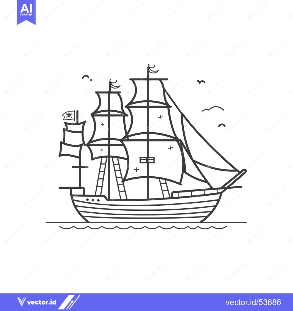 Premium Vector dari Line art illustration of a pirate ship with a skull and crossbones fla