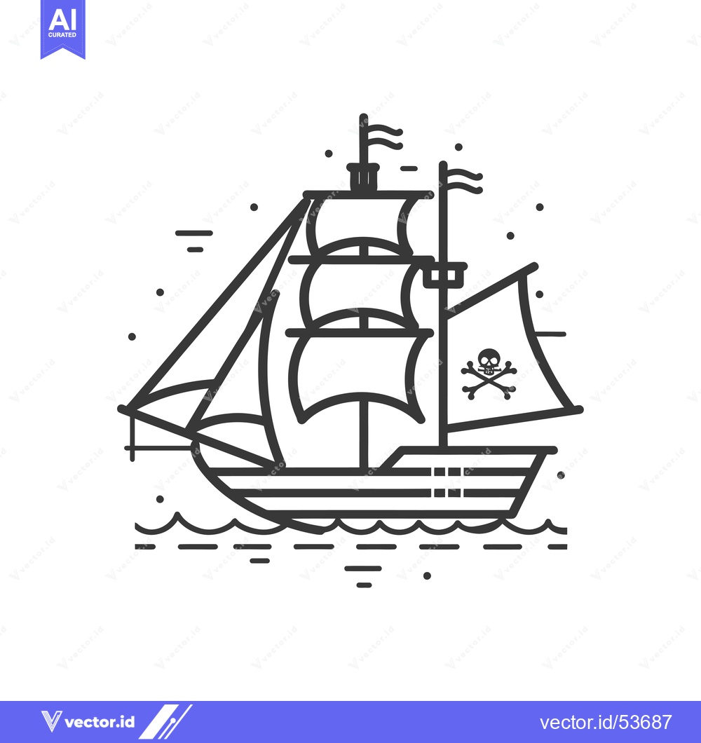 Premium Vector dari Line Art Illustration of a Pirate Ship with a Skull and Crossbones Fla