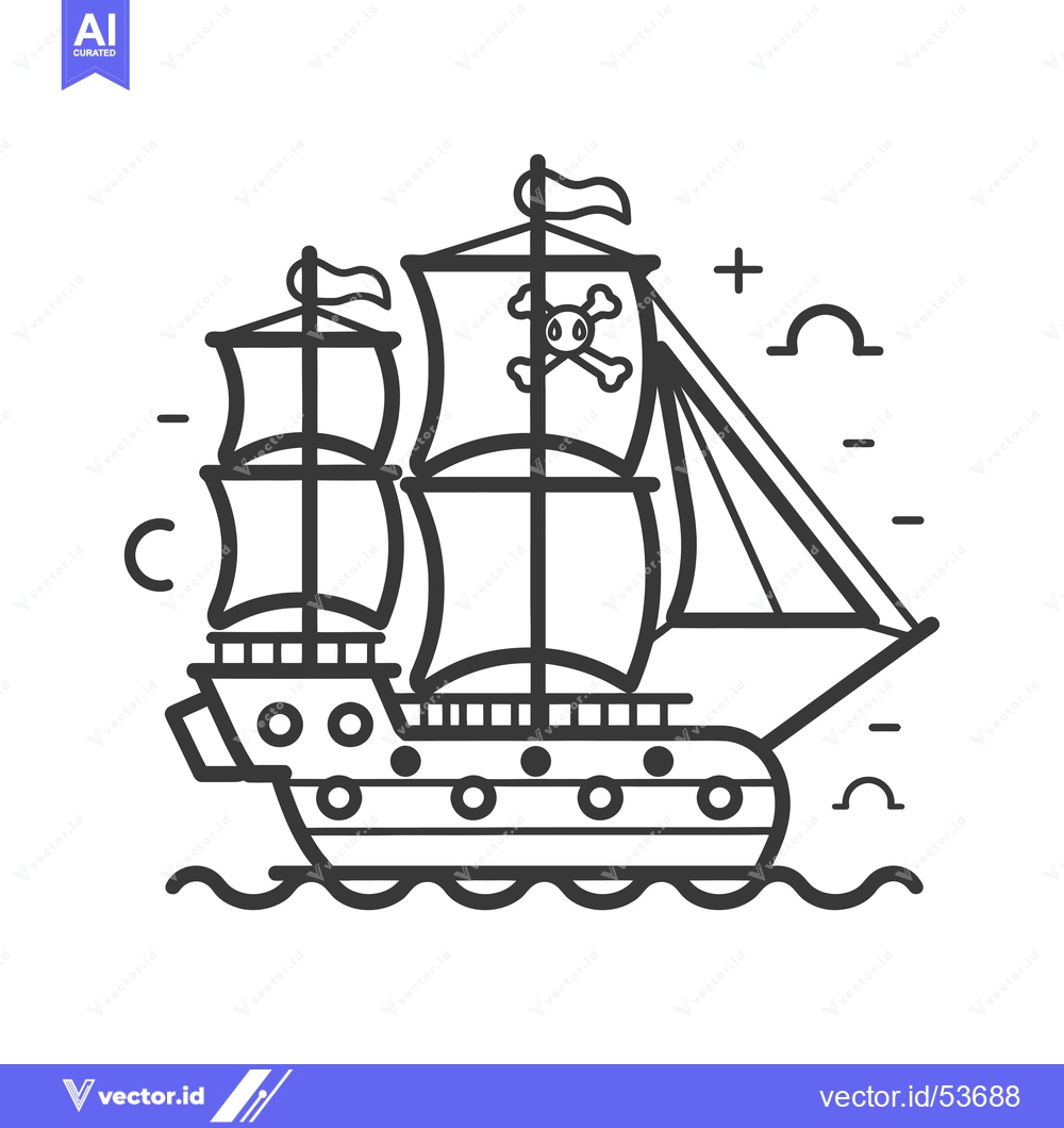Premium Vector dari Line Art Illustration of a Pirate Ship with a Skull and Crossbones Fla