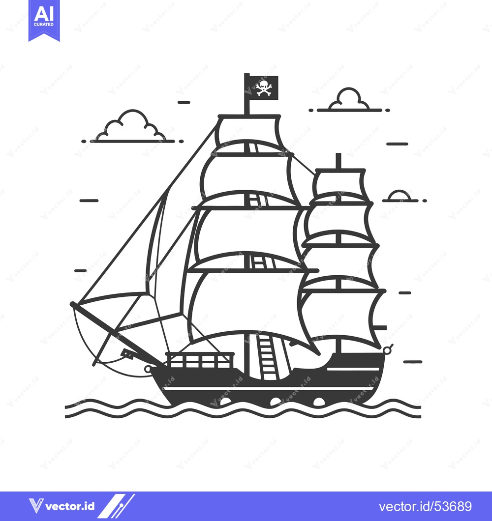 Premium Vector dari Line art illustration of a pirate ship with a skull and crossbones fla