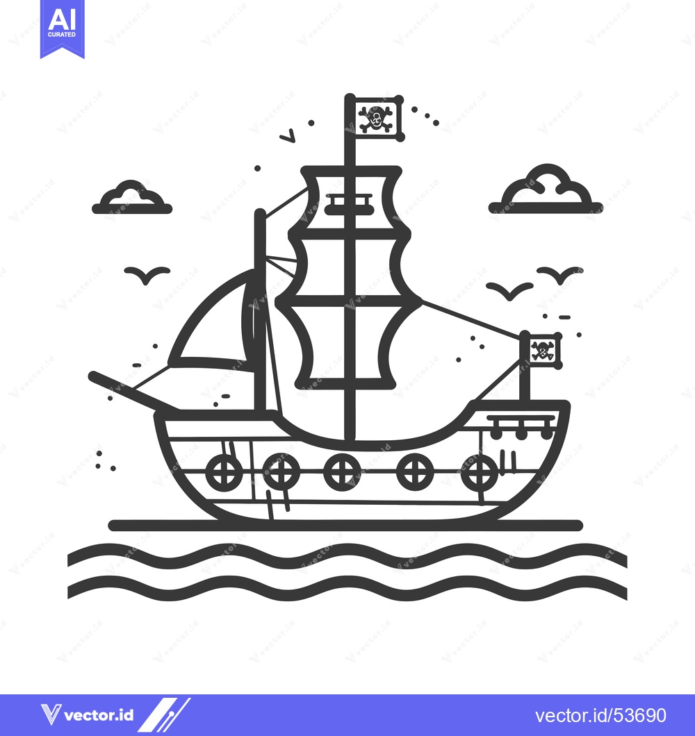 Premium Vector dari Line Art Illustration of a Pirate Ship with Two Flags and Birds Flying