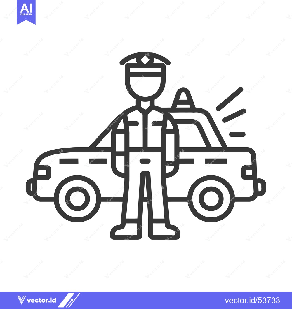 Premium Vector of Line art illustration of a police officer standing in front of a polic