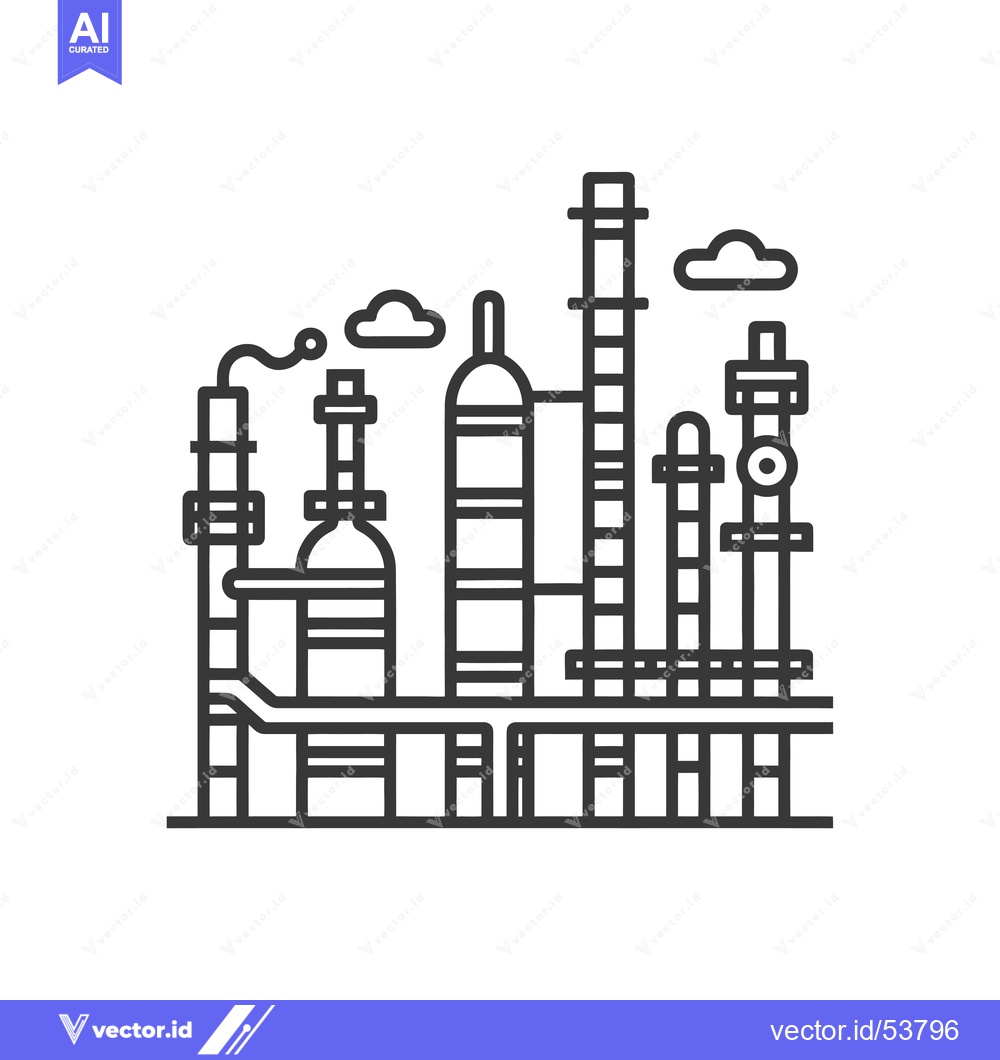 Premium Vector of Line art illustration of a refinery with smoke and clouds