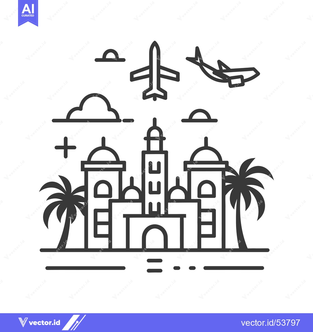 Premium Vector dari Line Art Illustration of a Resort Hotel with Palm Trees and Airplanes