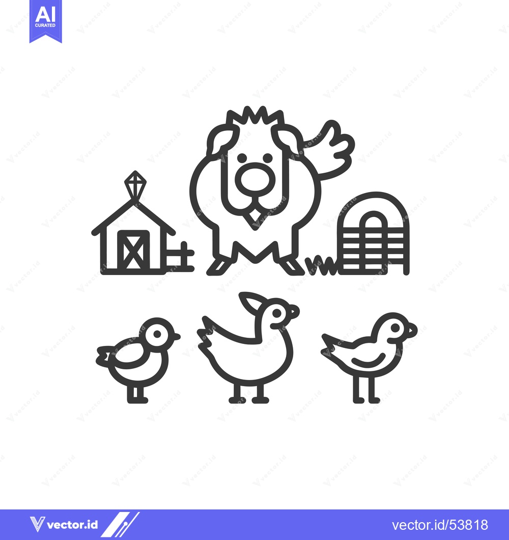 Premium Vector of Line art illustration of a rooster, chickens, a barn, and a coop